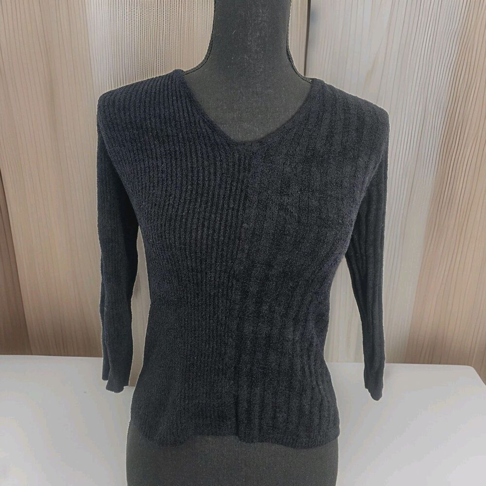 Vintage Y2K Olo Sweater Women XS Chenille Soft Cropped V-Neck Ribbed Black
